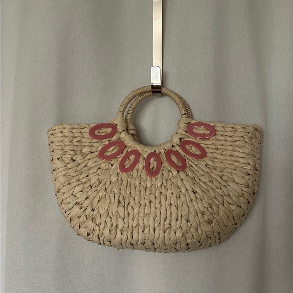 Natural Straw Tote with Pink Ring Accents